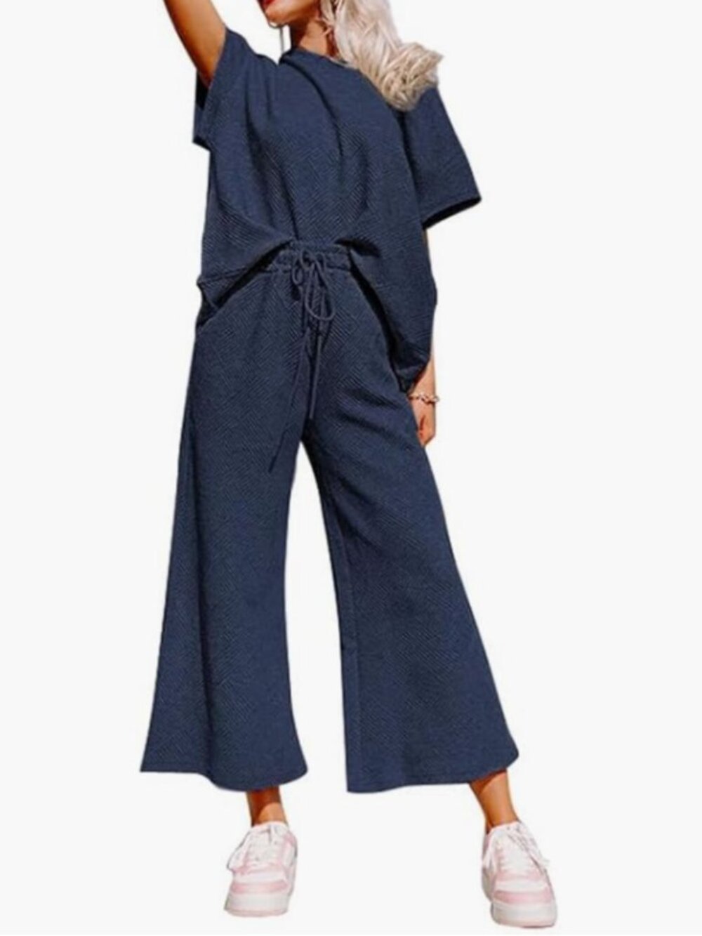 Navy Patterned Crop Pant Set